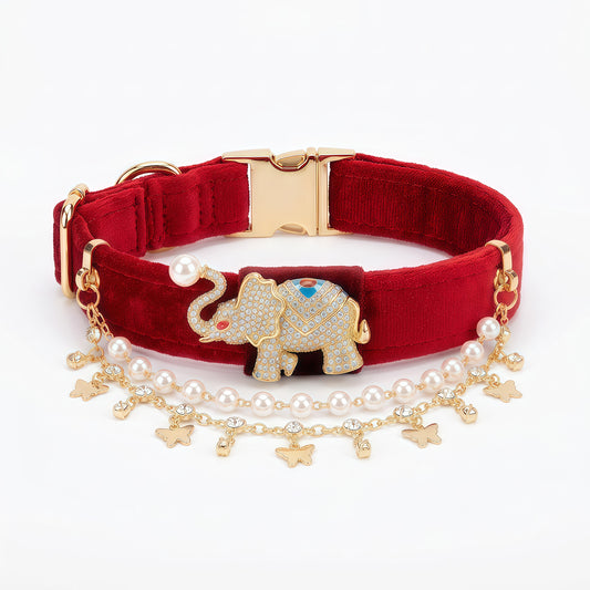 Lucky Elephant Velvet Pet Collar-red