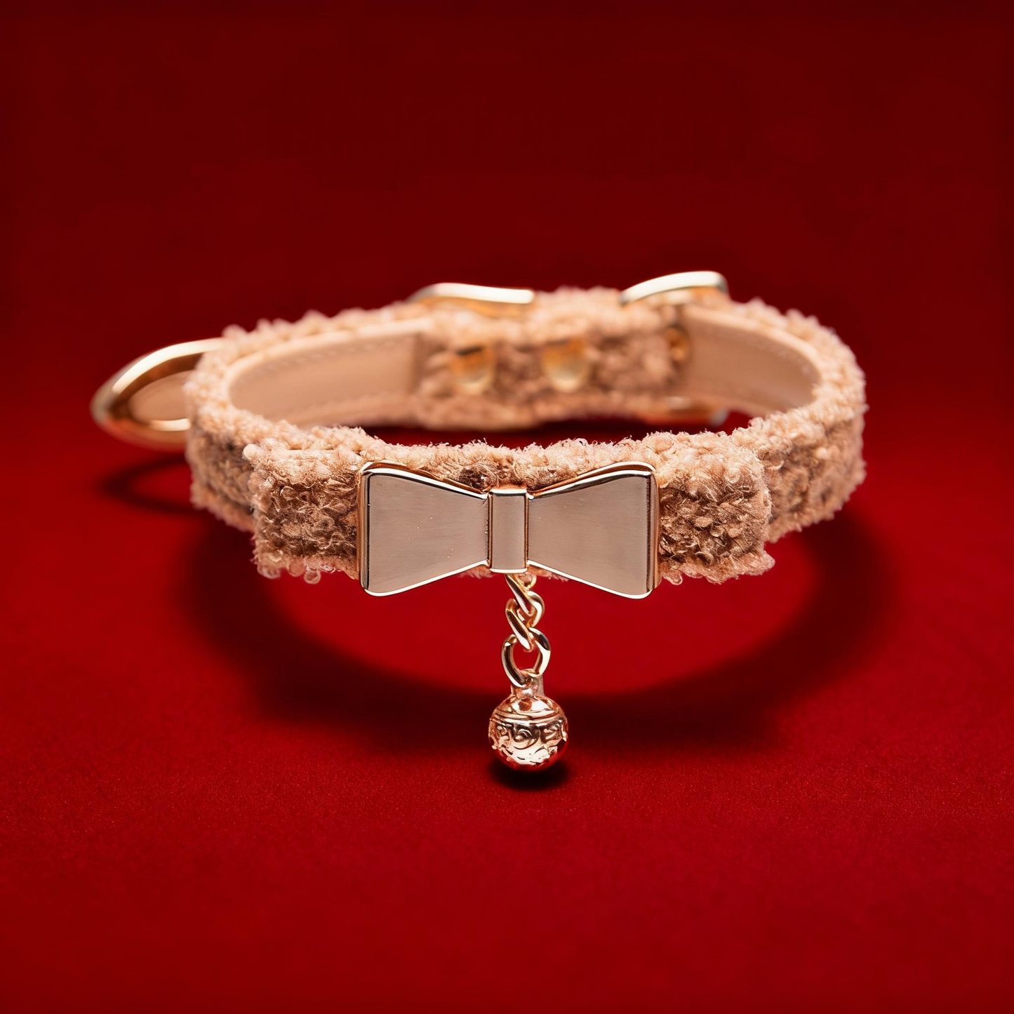 【BROWN】LUXURY TEDDY FLEECE PET COLLAR WITH GOLD BOW & EMBOSSED BELL