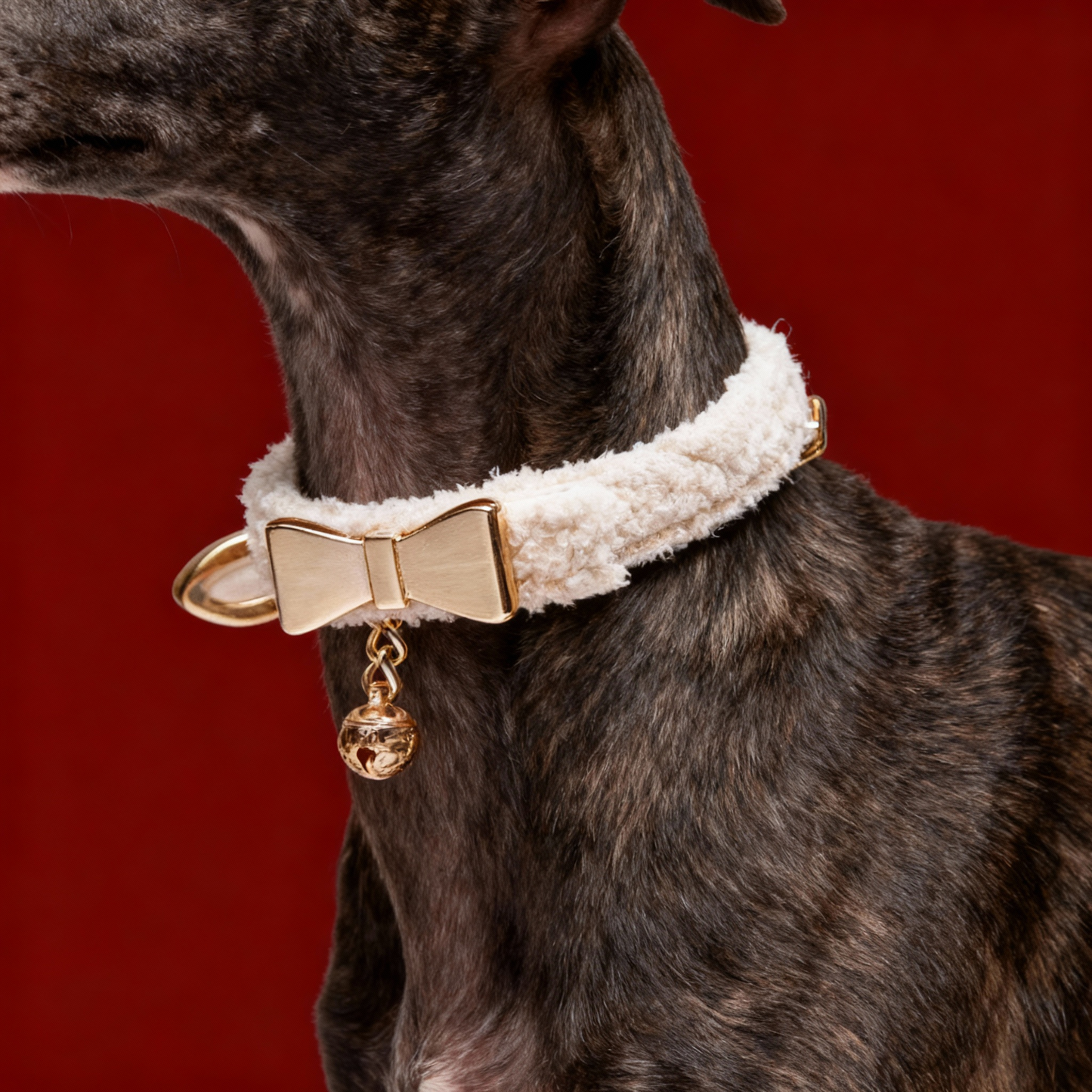 【WHITE】LUXURY TEDDY FLEECE PET COLLAR WITH GOLD BOW & EMBOSSED BELL