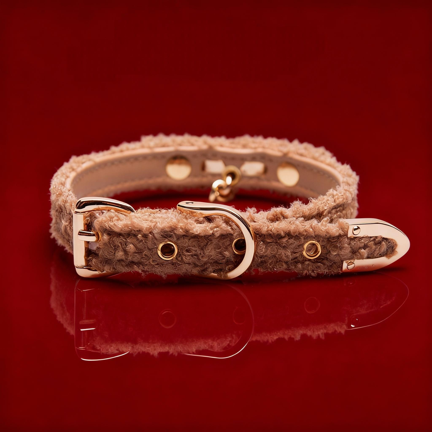 【BROWN】LUXURY TEDDY FLEECE PET COLLAR WITH GOLD BOW & EMBOSSED BELL