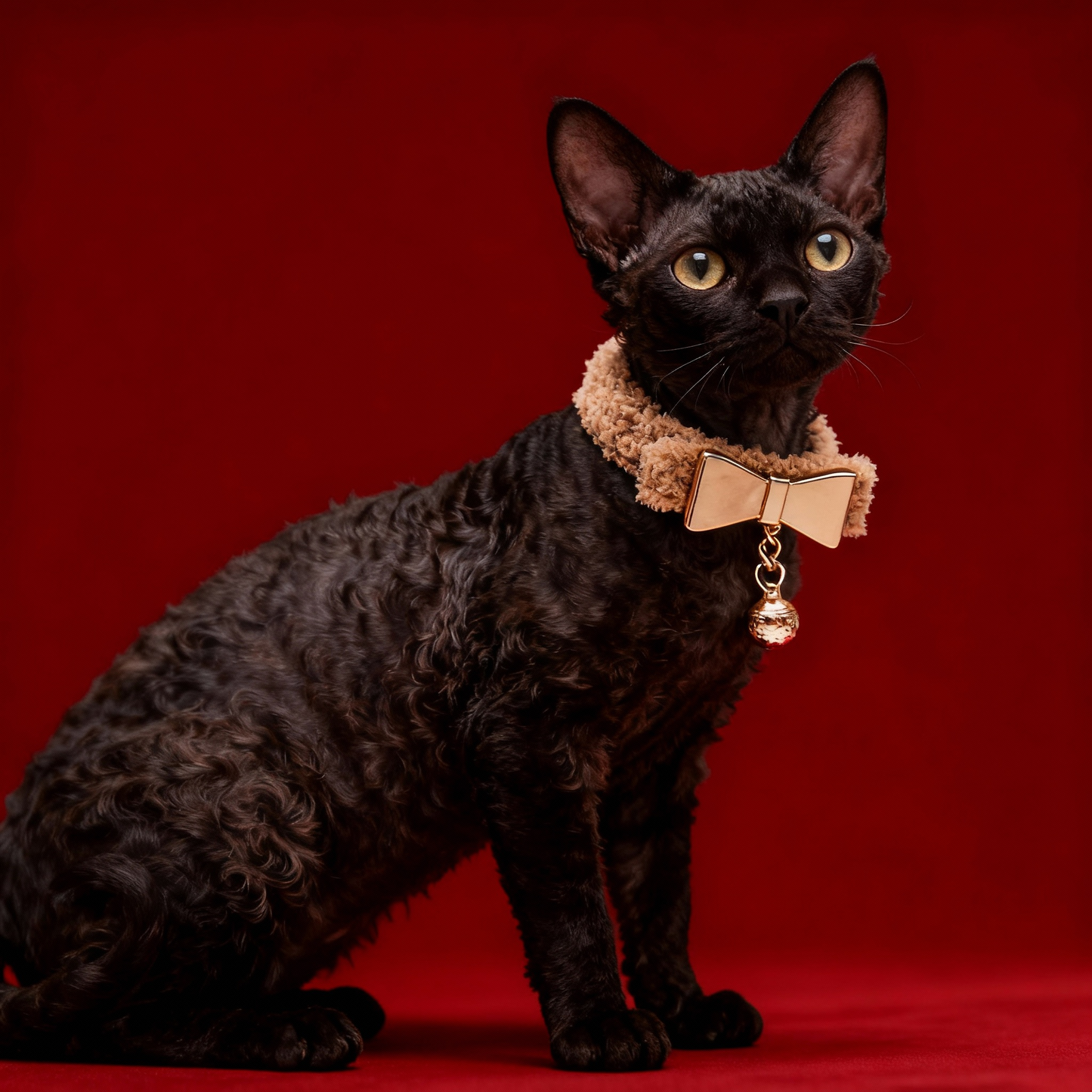 【BROWN】LUXURY TEDDY FLEECE PET COLLAR WITH GOLD BOW & EMBOSSED BELL