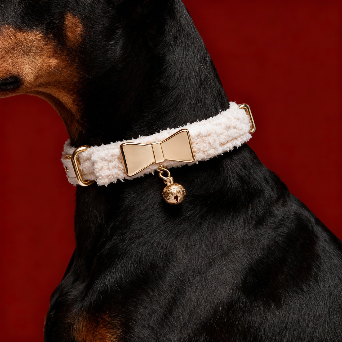【WHITE】LUXURY TEDDY FLEECE PET COLLAR WITH GOLD BOW & EMBOSSED BELL