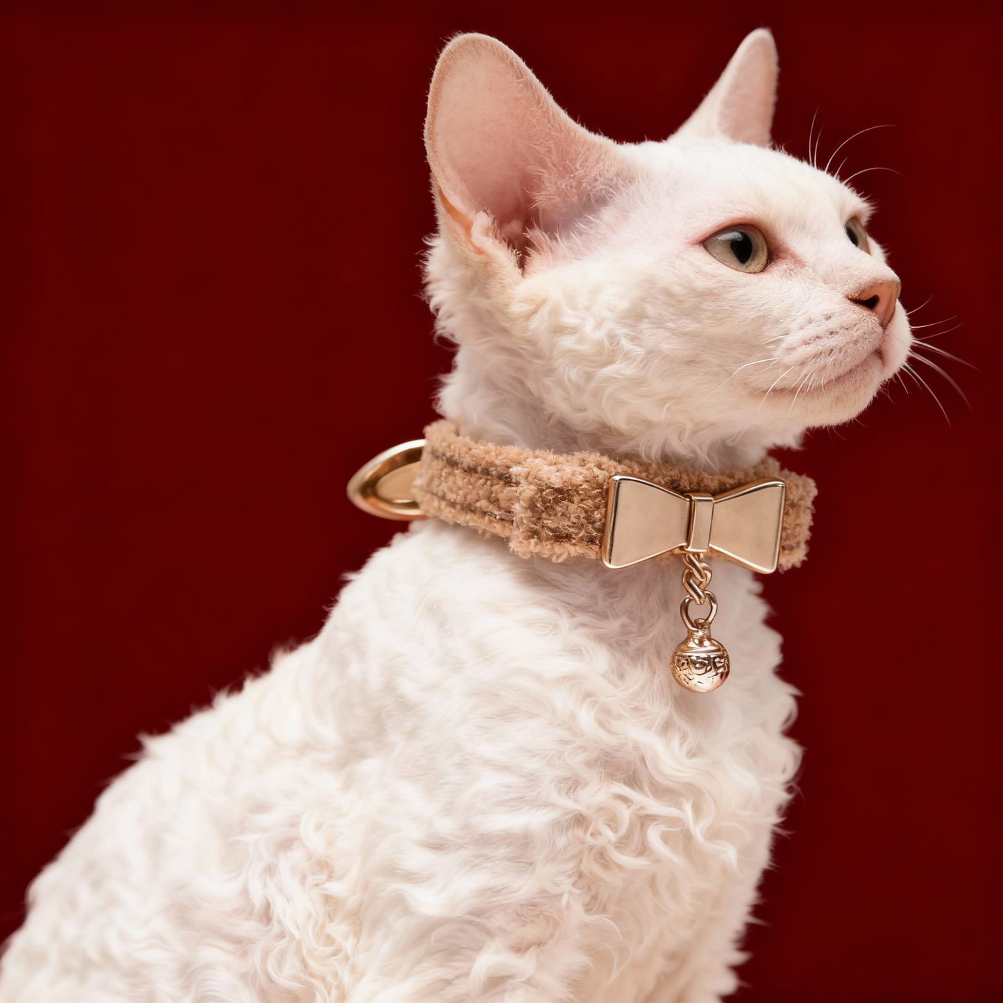【BROWN】LUXURY TEDDY FLEECE PET COLLAR WITH GOLD BOW & EMBOSSED BELL