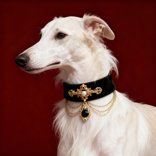 LUXURY BLACK VELVET PEARL & ONYX DROP PET COLLAR