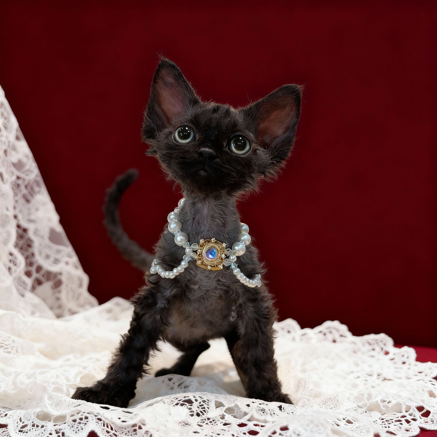 LUXURY VINTAGE PEARL & BLUE GEM CAT NECKLACE