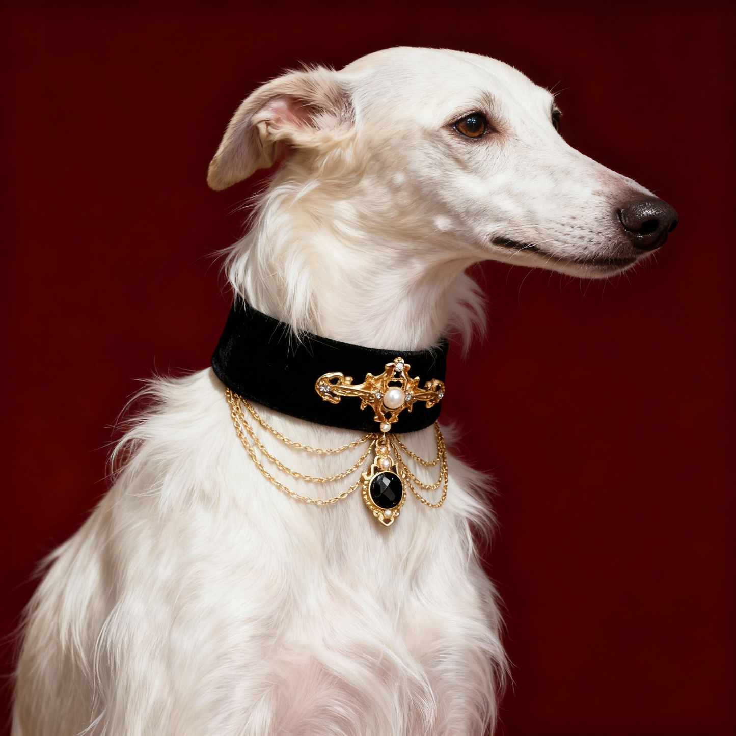 LUXURY BLACK VELVET PEARL & ONYX DROP PET COLLAR