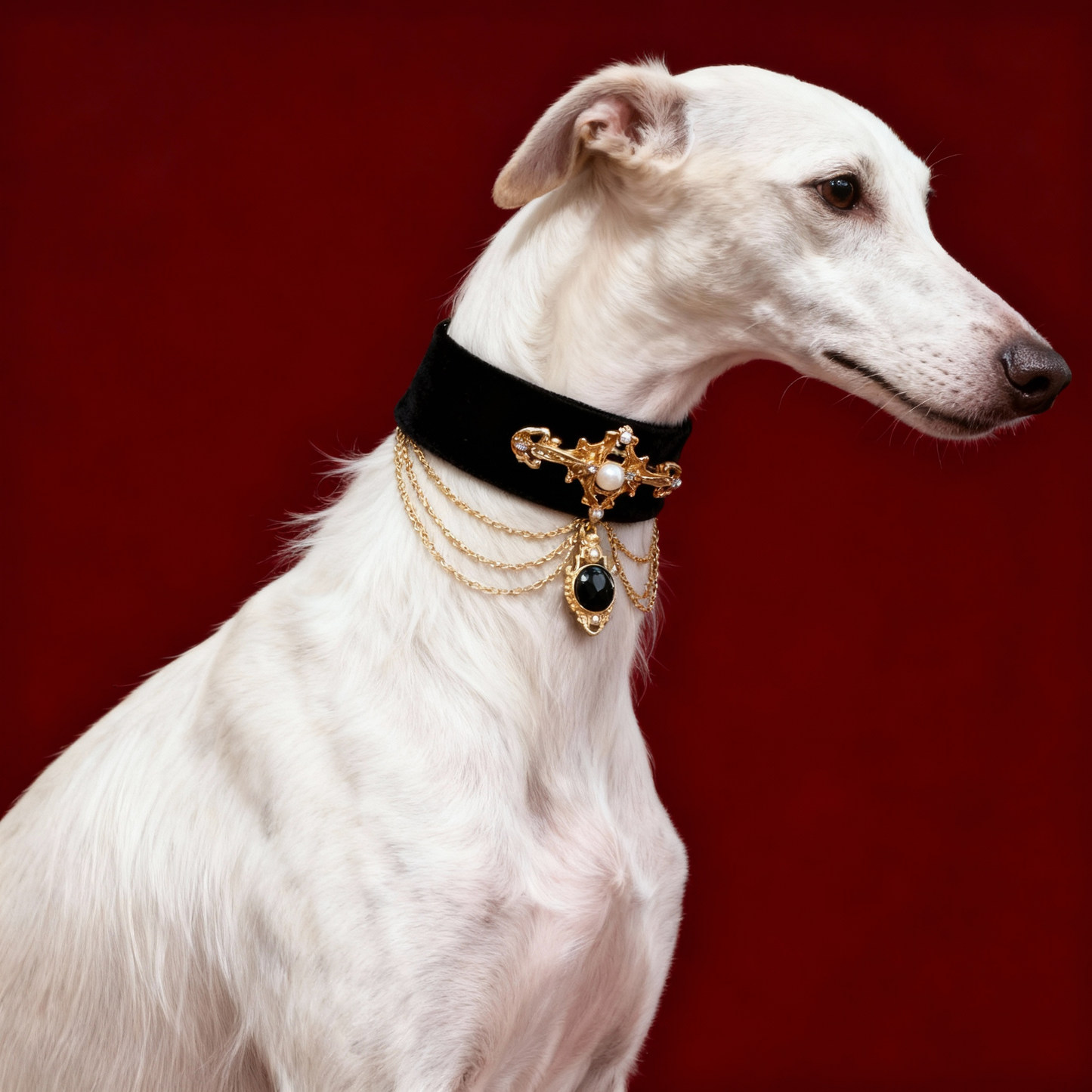 LUXURY BLACK VELVET PEARL & ONYX DROP PET COLLAR