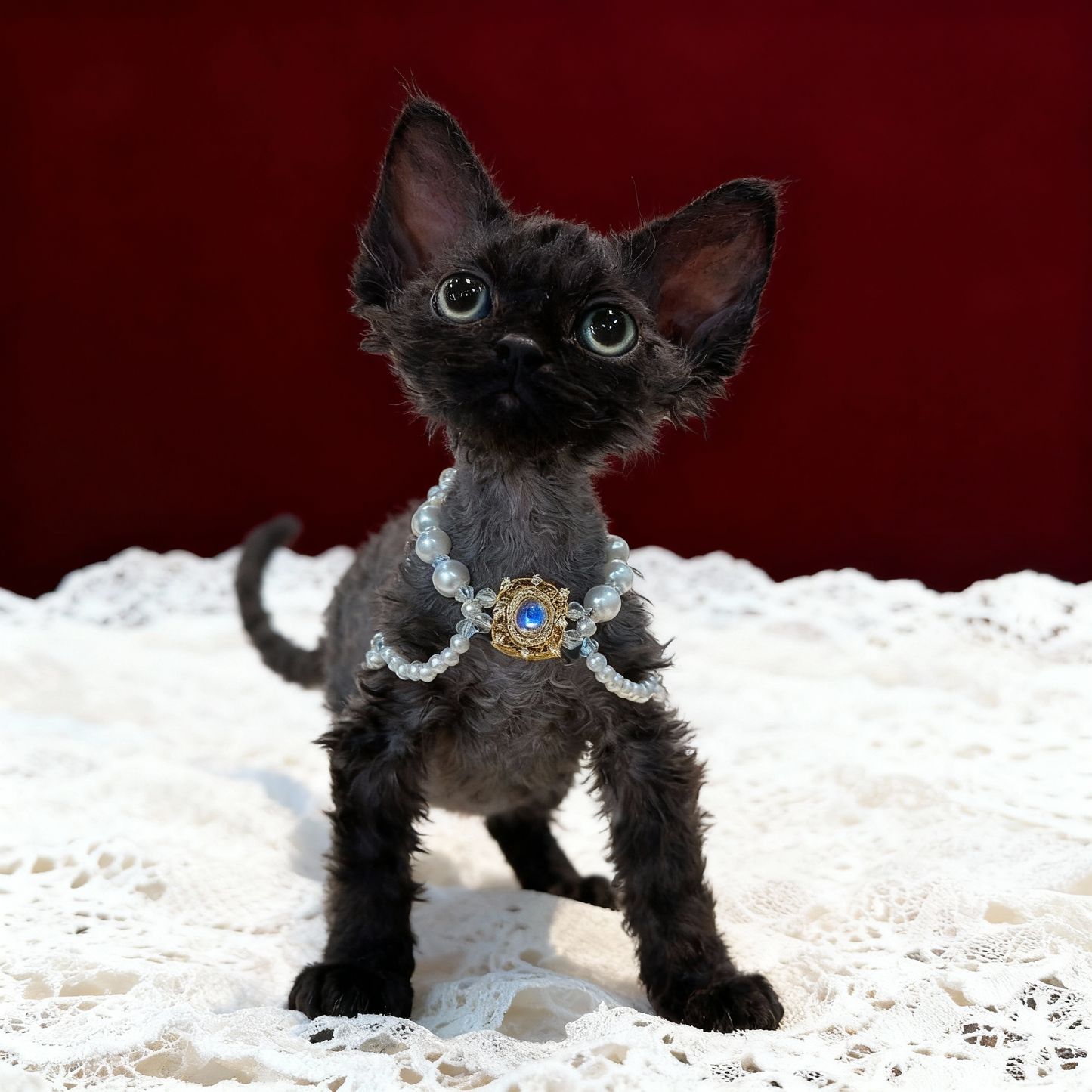 LUXURY VINTAGE PEARL & BLUE GEM CAT NECKLACE