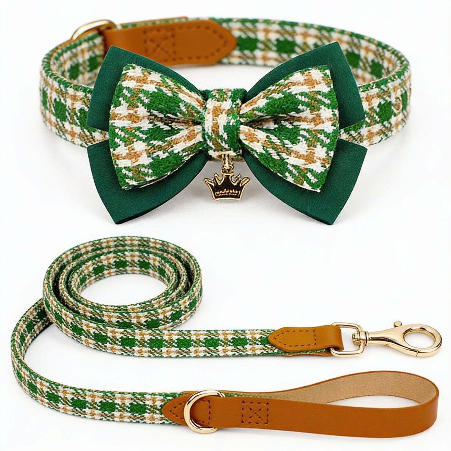 【Forest】Classic Plaid Bow Collar & Leash Set