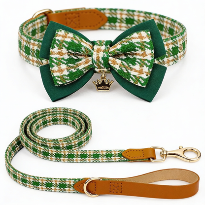 【Forest】Classic Plaid Bow Collar & Leash Set